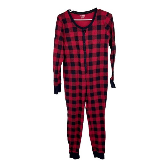 LL Bean Women M Waffle One Piece Pajama Red Buffalo Plaid Longjohns Button Front - Picture 1 of 10